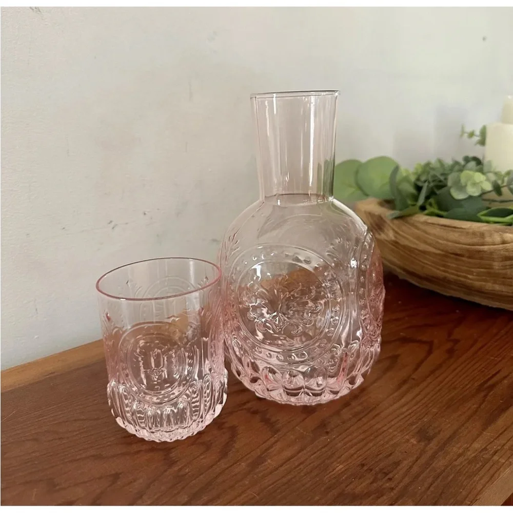 Embossed Bedside Water Carafe Glass Set  Pink